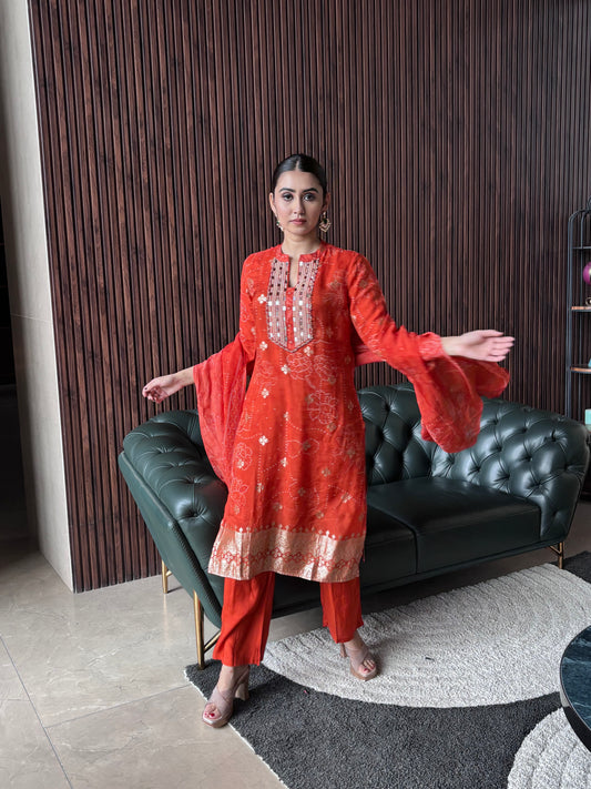 RUST KURTI SET WITH MIRROR WORK