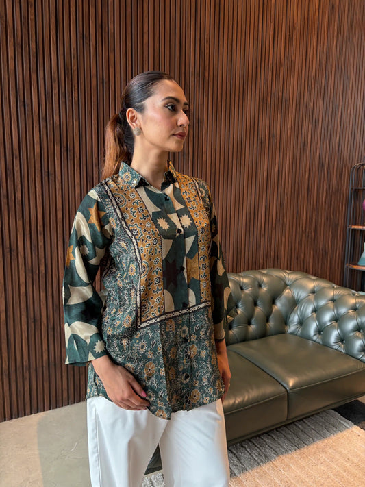 GREEN ABSTRACT PRINTED TUNIC