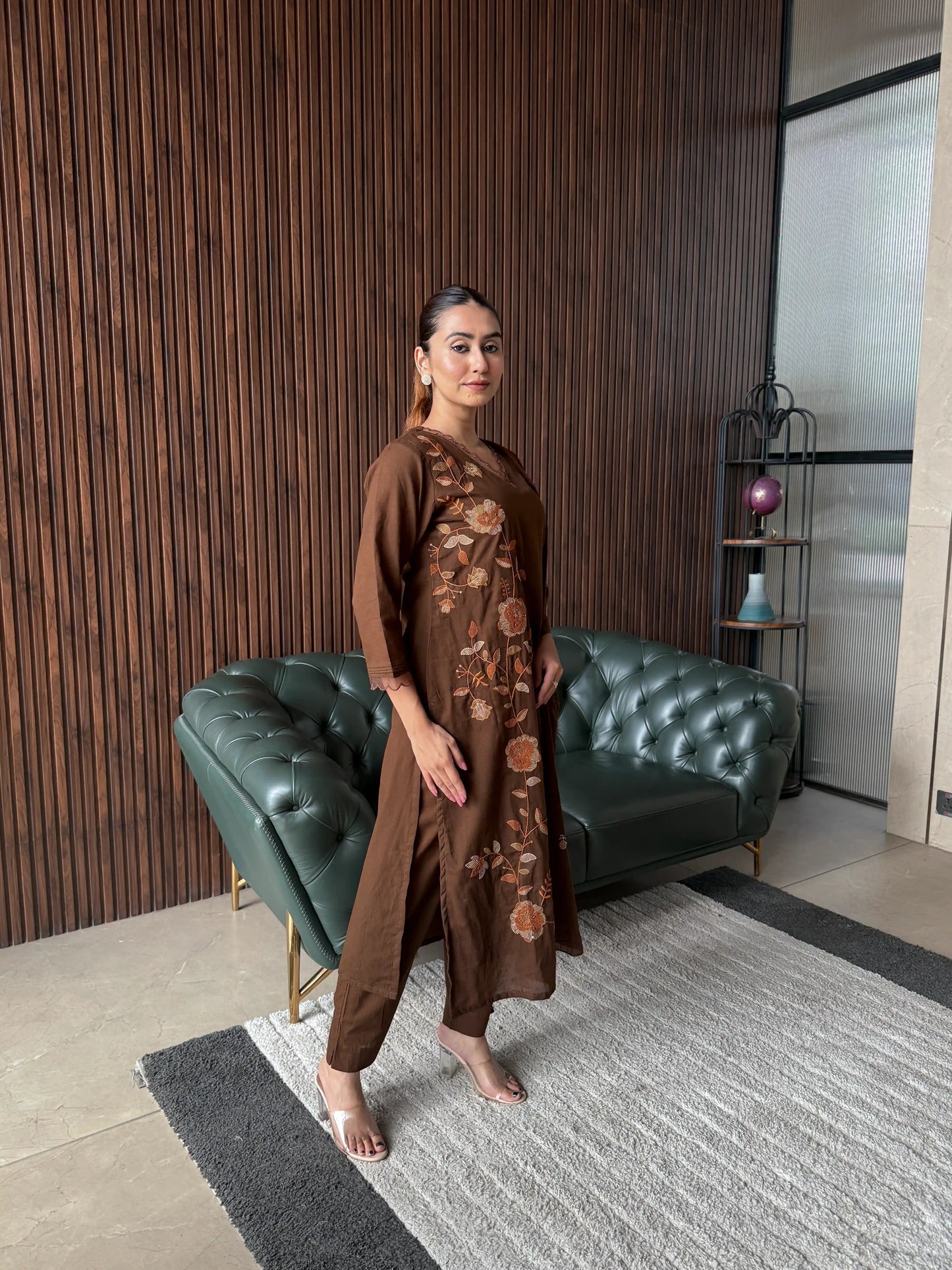 BROWN EMBROIDERED KURTA SET