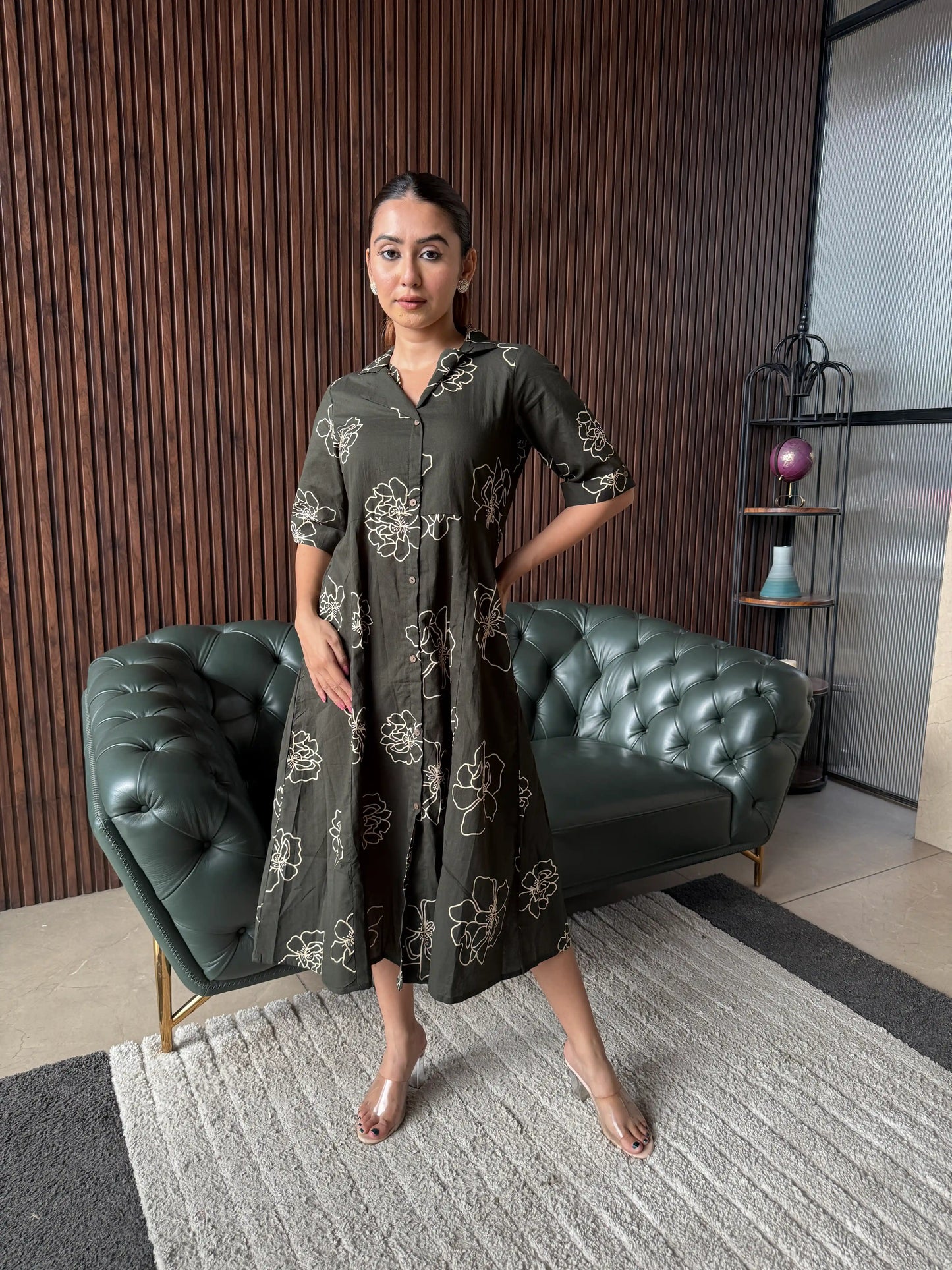 OLIVE FLORAL SHIRT DRESS