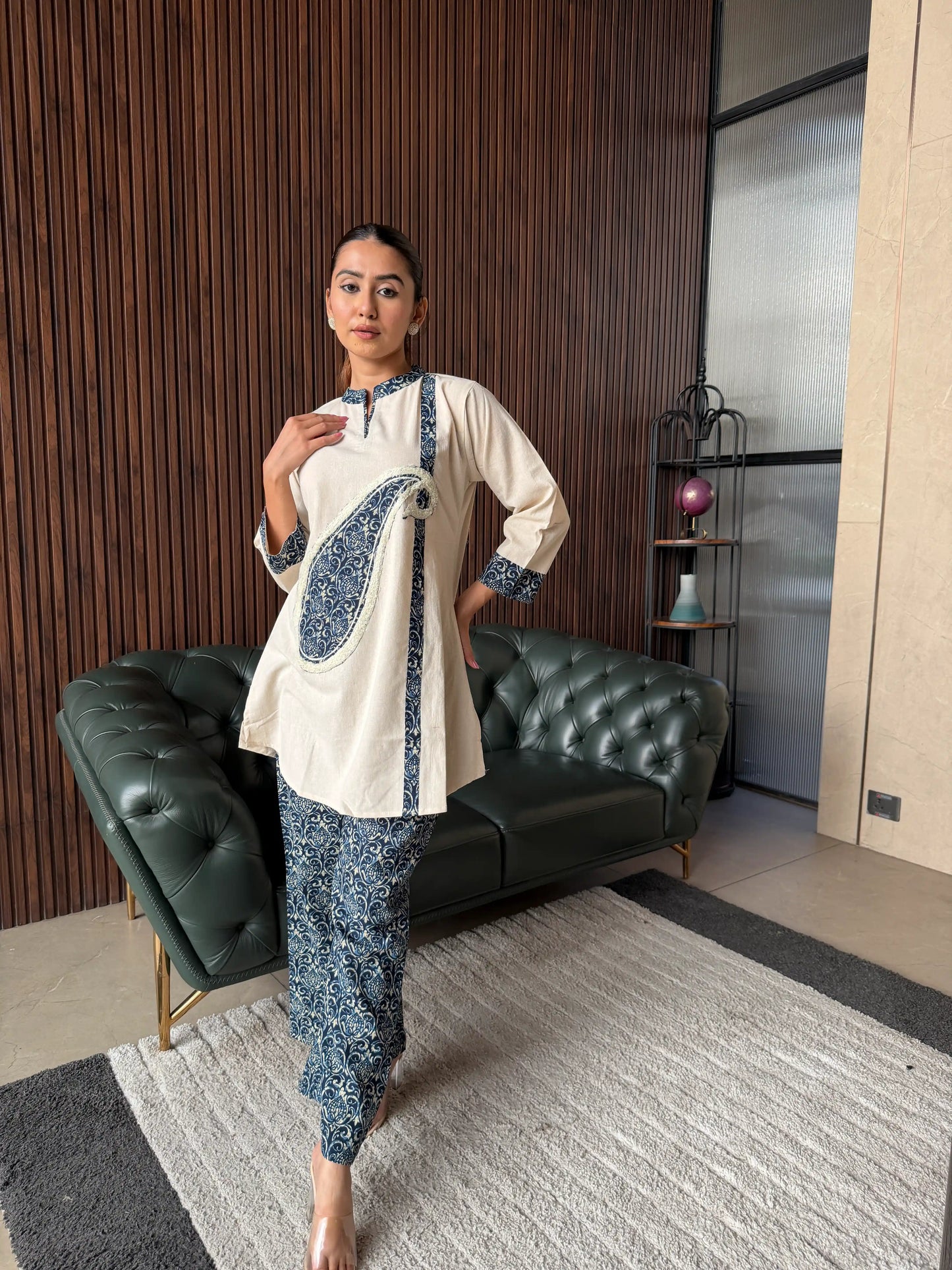 BEIGE & INDIGO PRINTED COORD SET