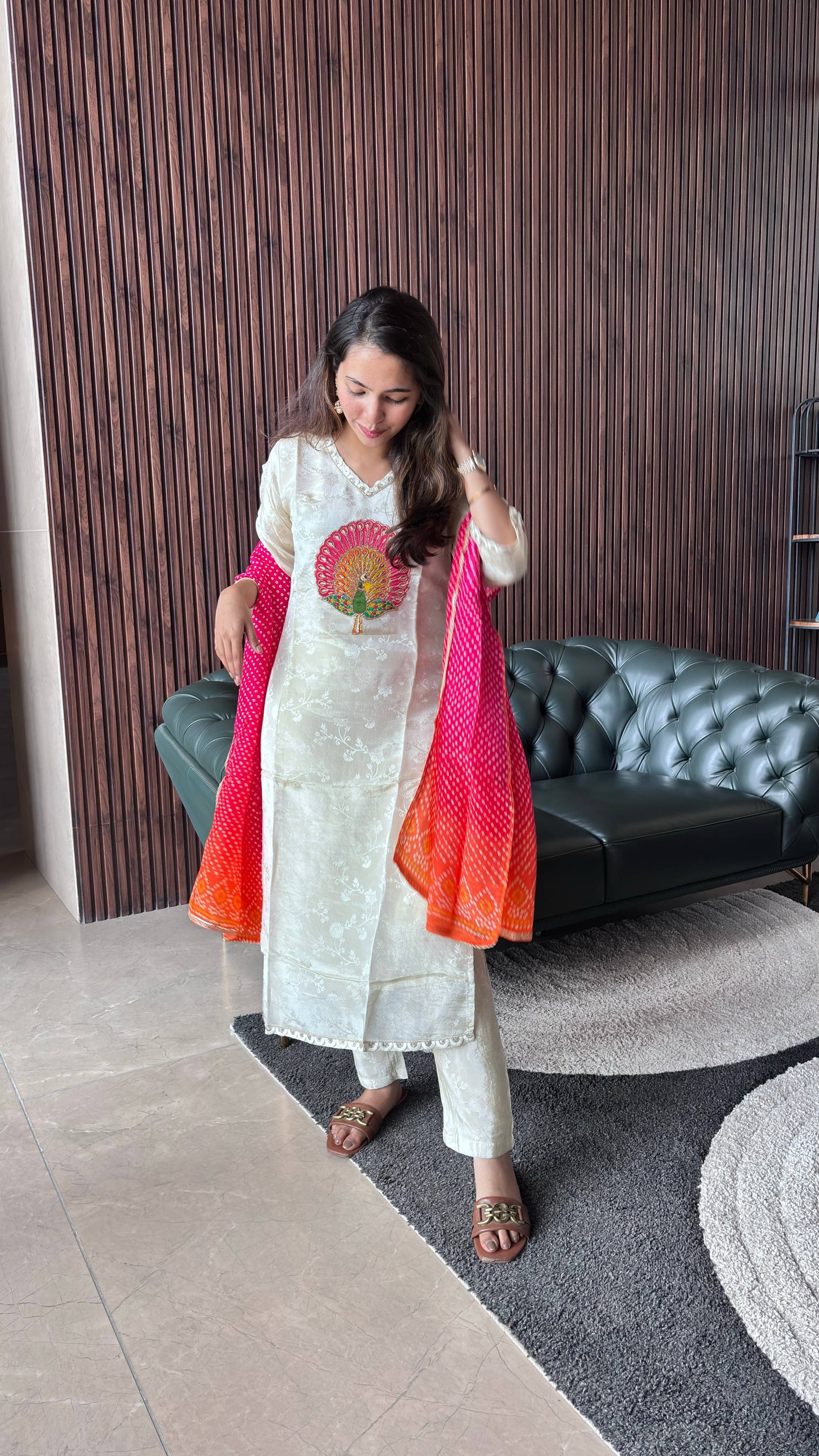CREAM JACQUARD KURTI SET