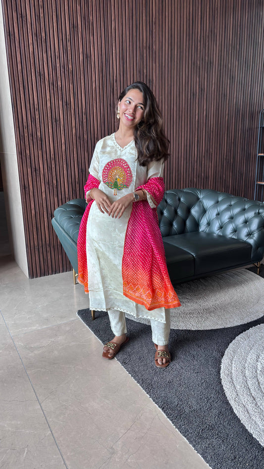 CREAM JACQUARD KURTI SET