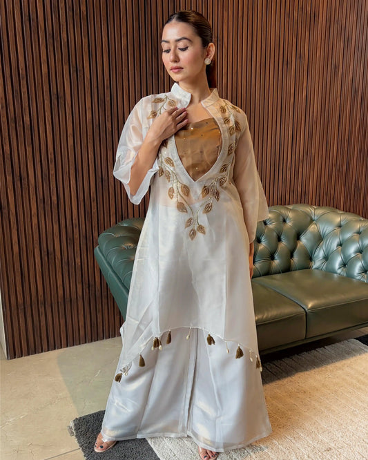 IVORY EMBROIDERED KURTA WITH SHEER OVERLAY SET