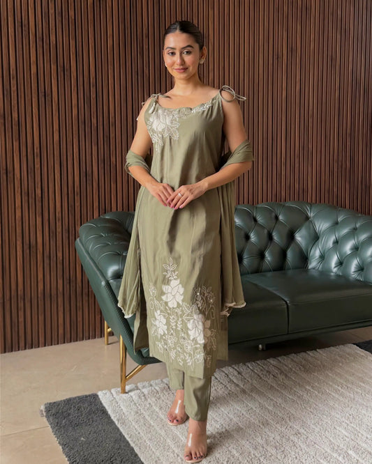 OLIVE GREEN EMBROIDERED SLIP DRESS