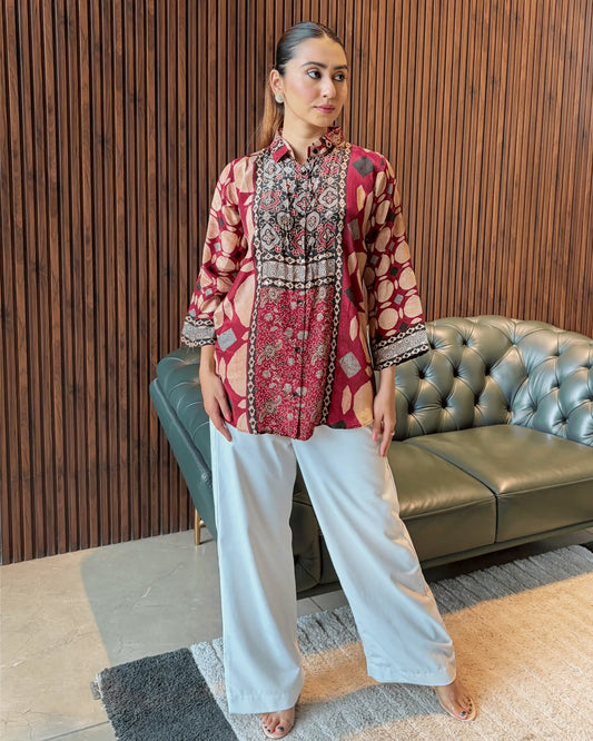 RUST ETHNIC PRINTED TOP