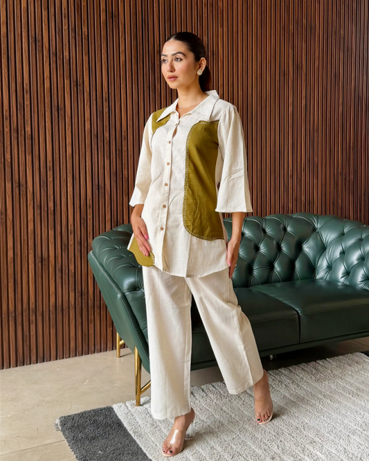 IVORY AND OLIVE PANEL COORD SET
