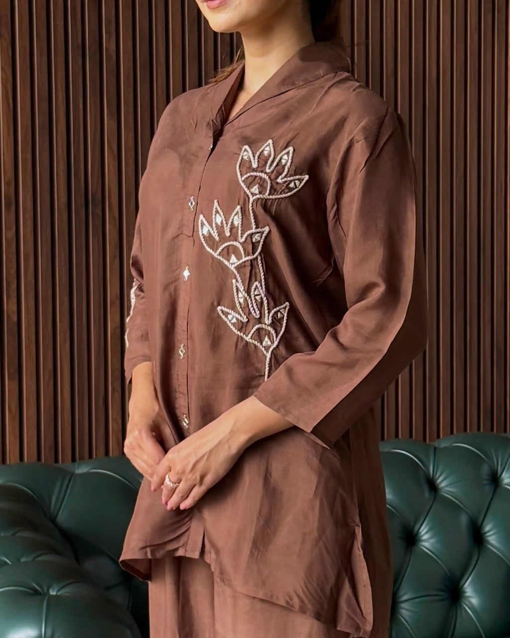 BROWN EMBROIDERED COORD SET