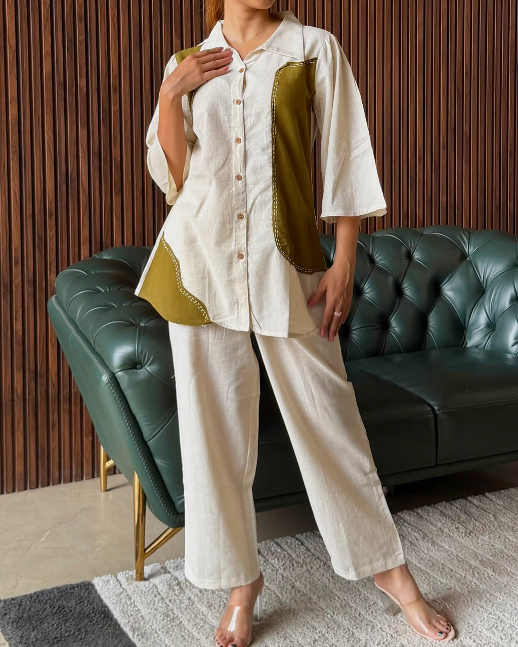 IVORY AND OLIVE PANEL COORD SET