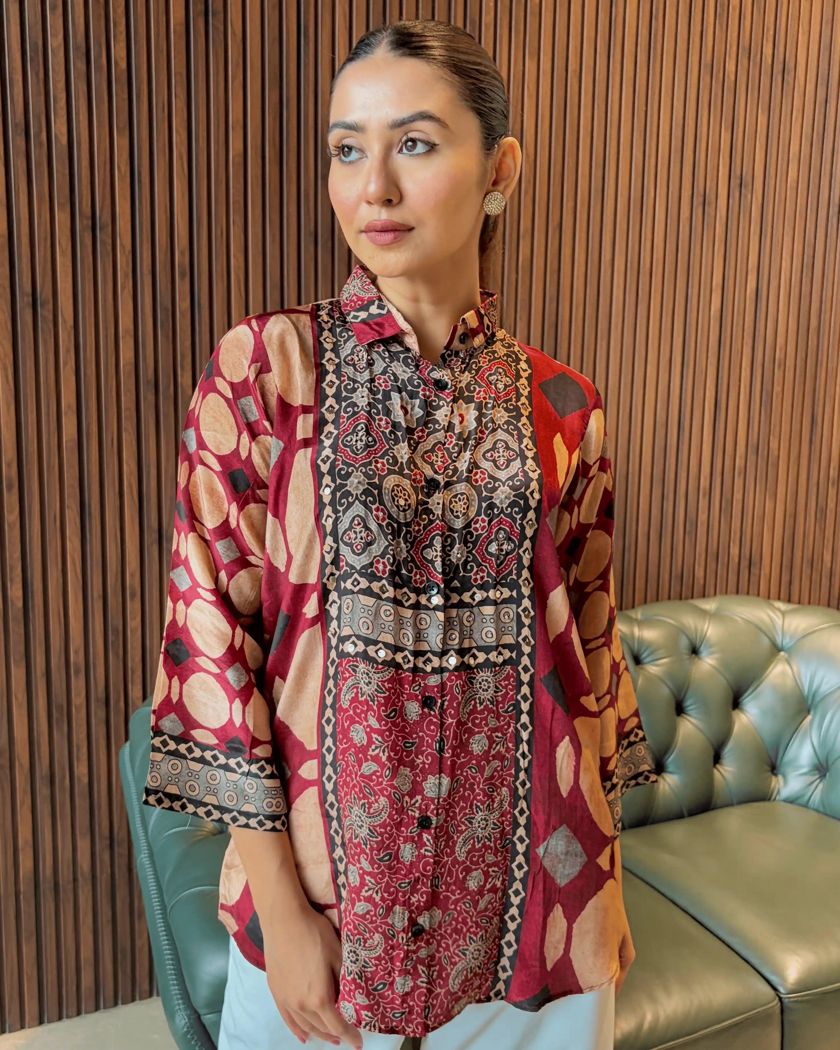 RUST ETHNIC PRINTED TOP