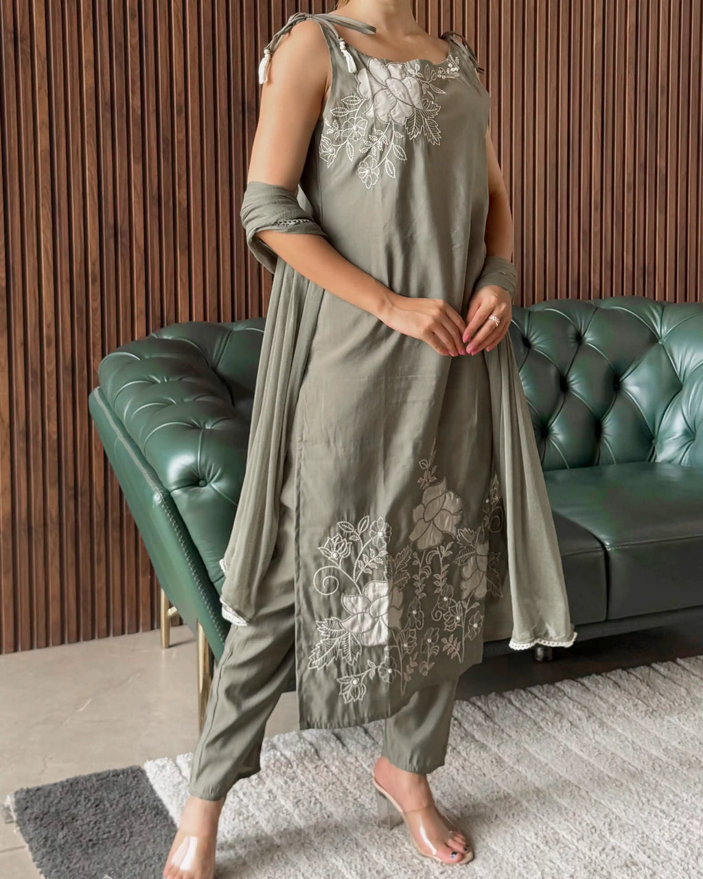 OLIVE GREEN EMBROIDERED SLIP DRESS