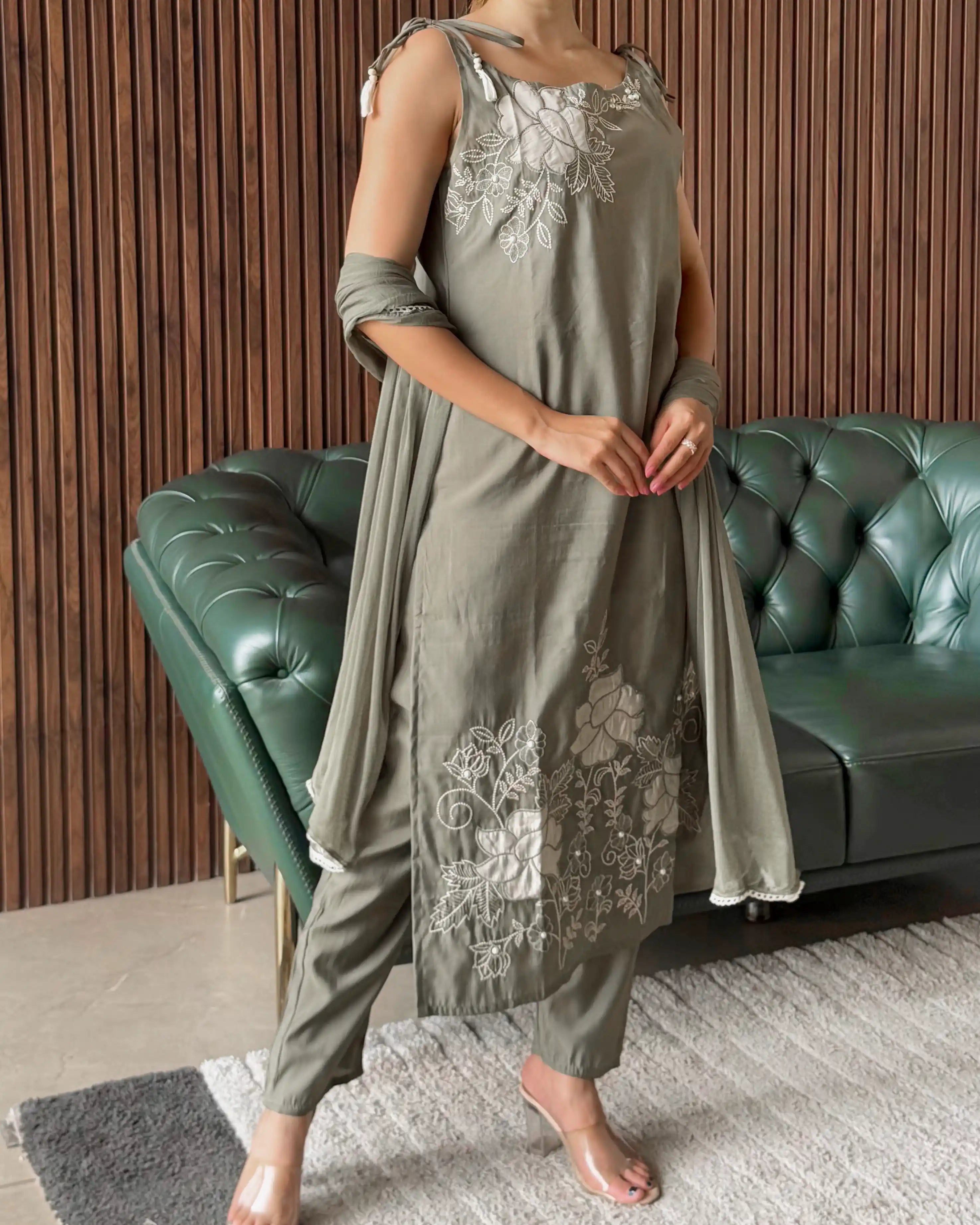 OLIVE GREEN EMBROIDERED SLIP DRESS