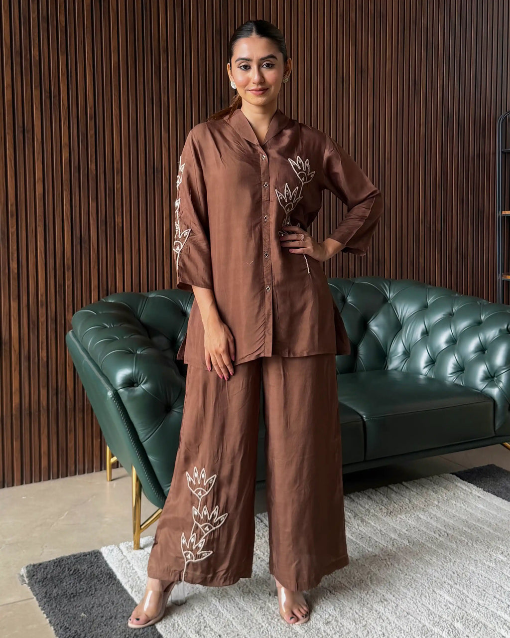BROWN EMBROIDERED COORD SET