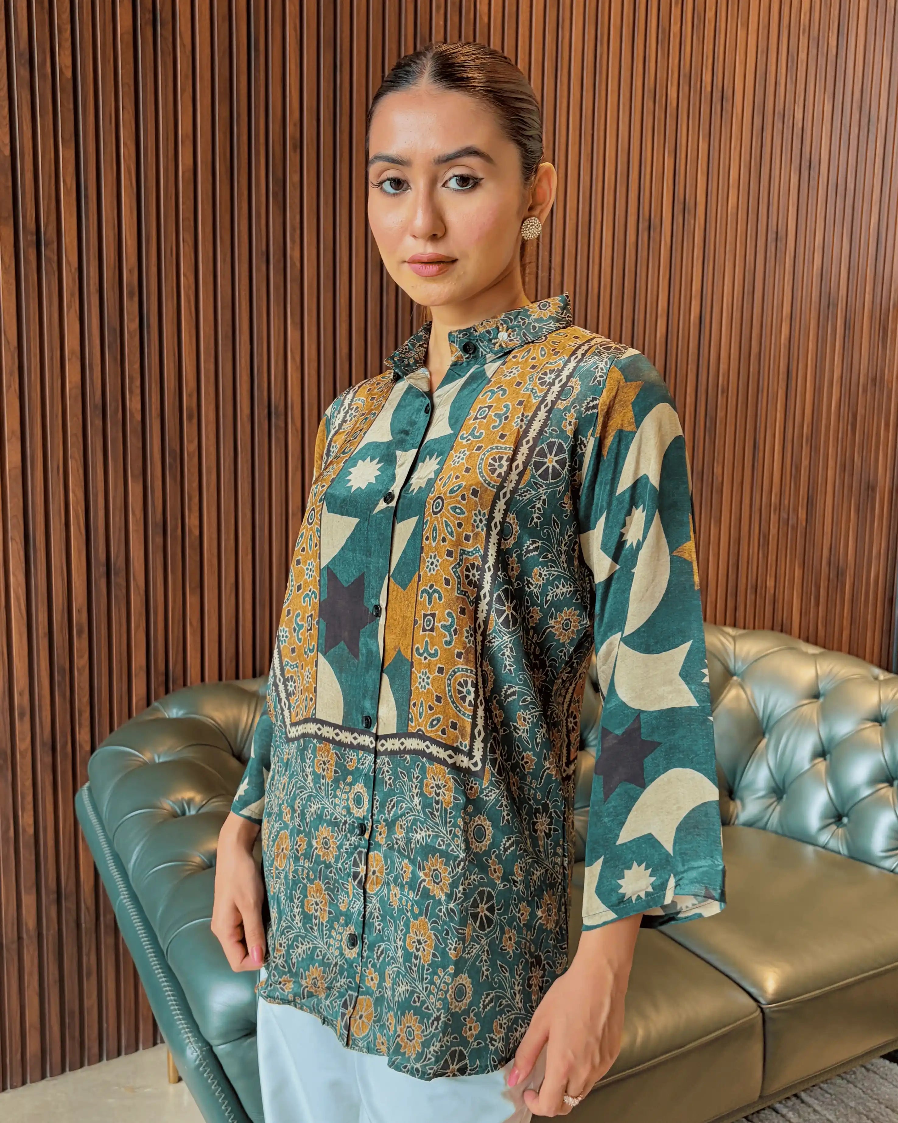 GREEN ABSTRACT PRINTED TUNIC