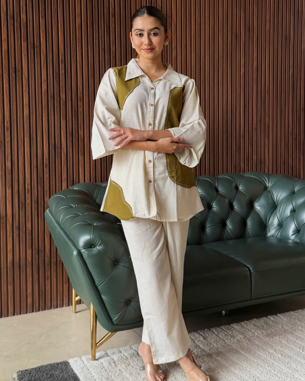 IVORY AND OLIVE PANEL COORD SET