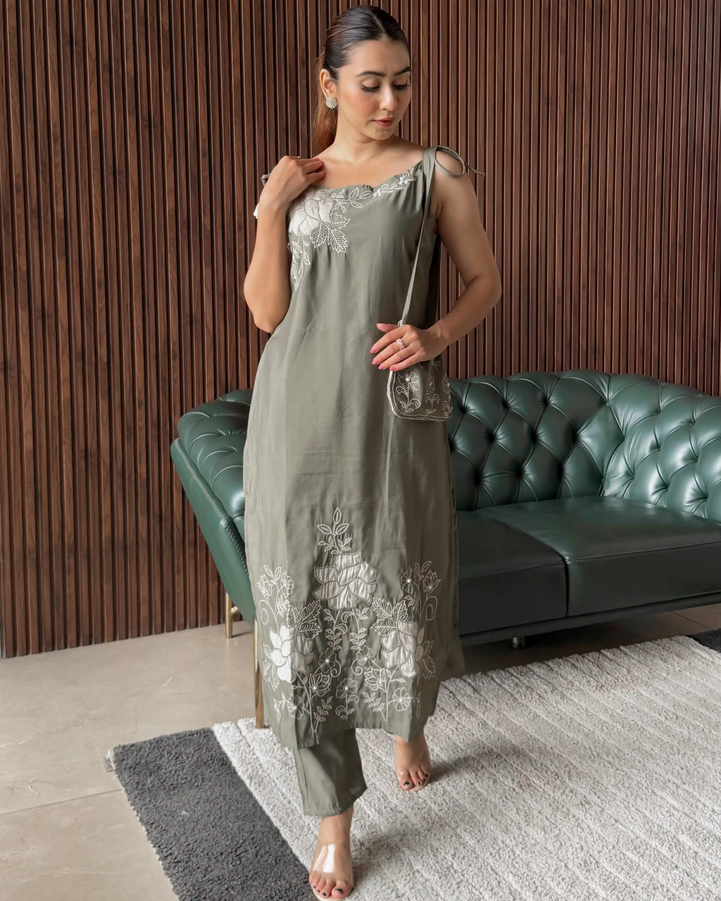OLIVE GREEN EMBROIDERED SLIP DRESS