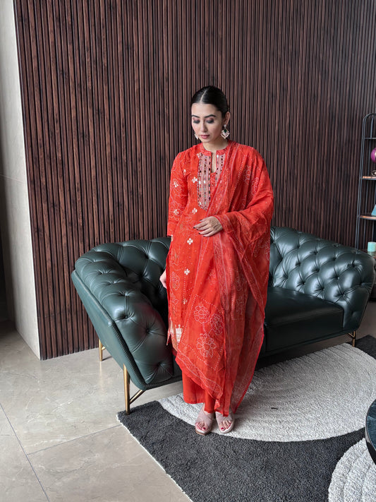 RUST KURTI SET WITH MIRROR WORK