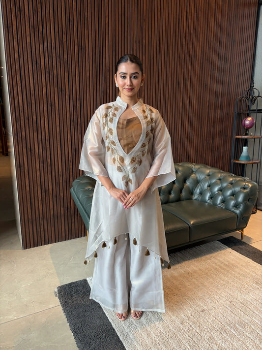 IVORY EMBROIDERED KURTA WITH SHEER OVERLAY SET