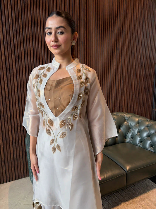IVORY EMBROIDERED KURTA WITH SHEER OVERLAY SET