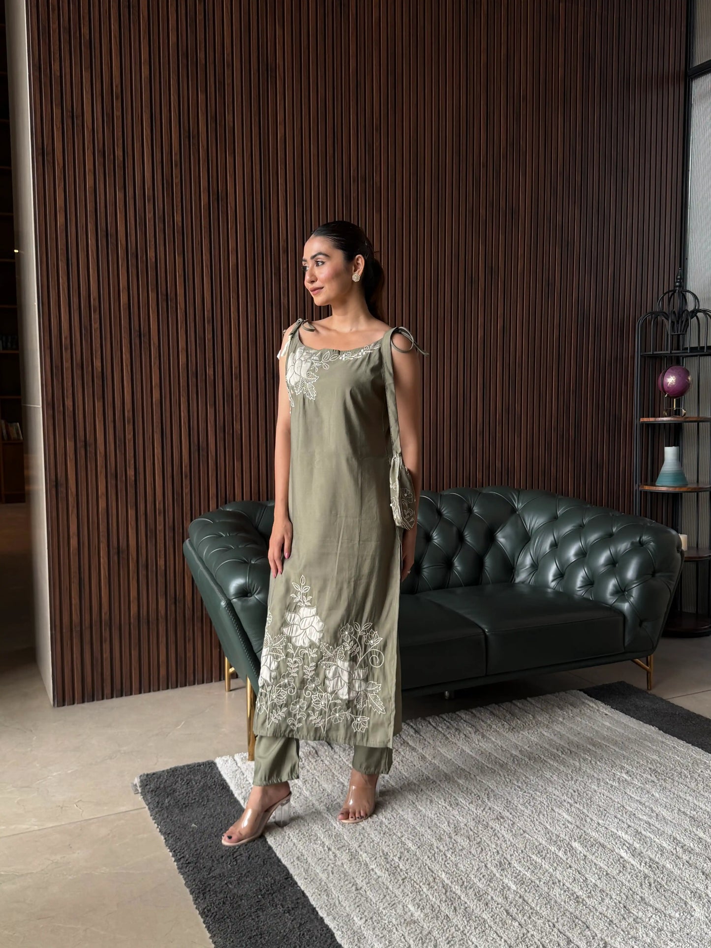 OLIVE GREEN EMBROIDERED SLIP DRESS