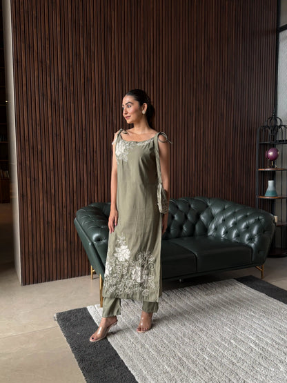 OLIVE GREEN EMBROIDERED SLIP DRESS