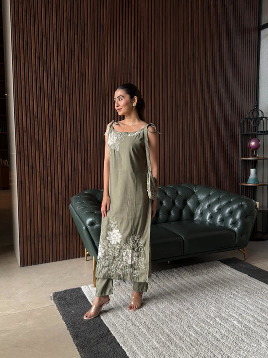 OLIVE GREEN EMBROIDERED SLIP DRESS