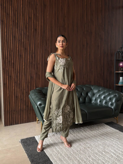 OLIVE GREEN EMBROIDERED SLIP DRESS