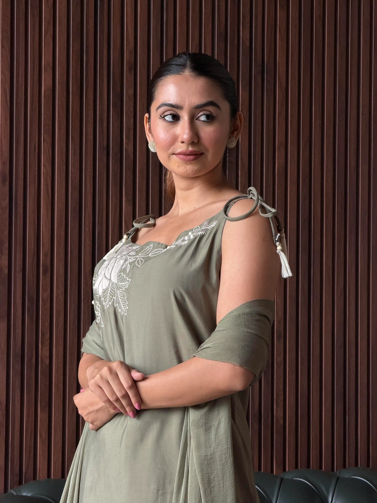 OLIVE GREEN EMBROIDERED SLIP DRESS