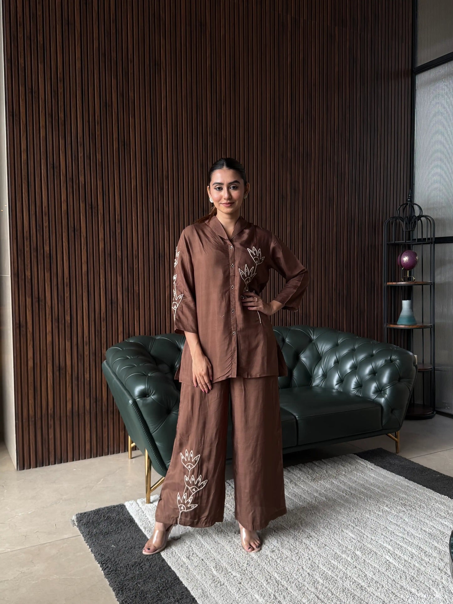 BROWN EMBROIDERED COORD SET