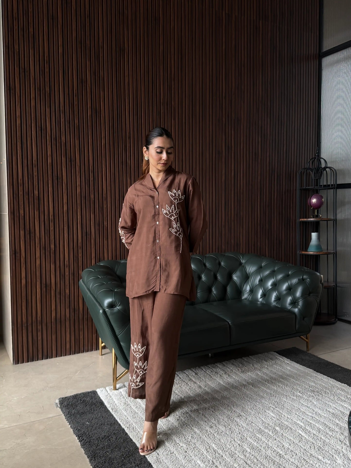 BROWN EMBROIDERED COORD SET