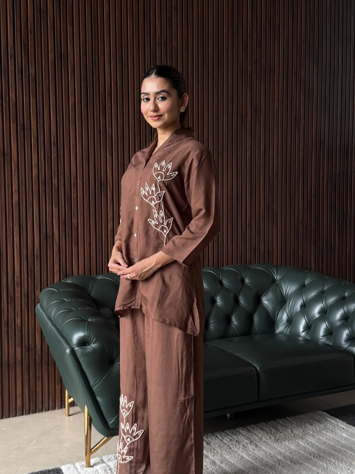 BROWN EMBROIDERED COORD SET