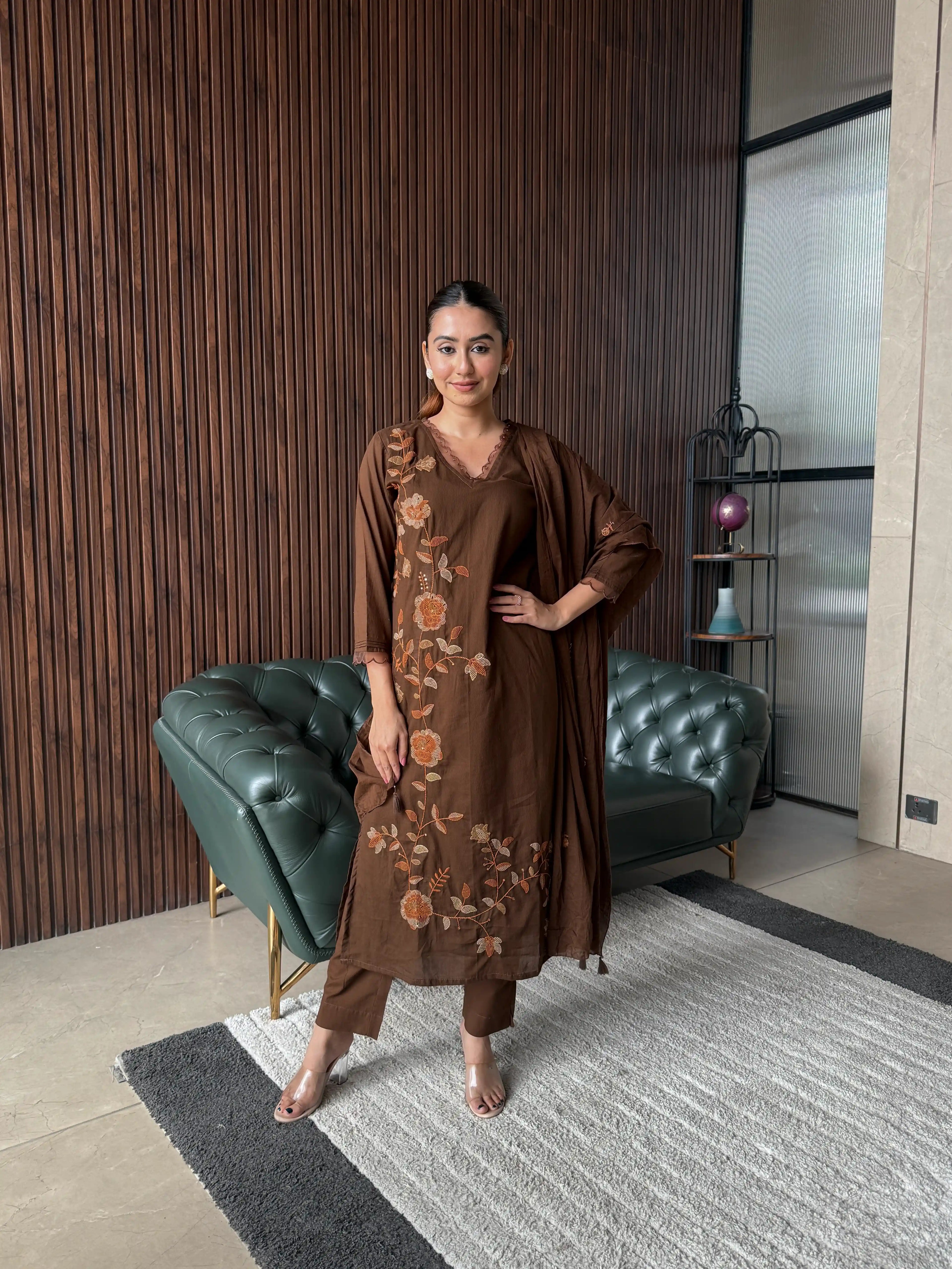 BROWN EMBROIDERED KURTA SET