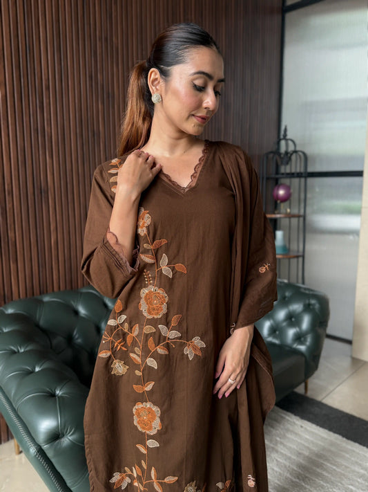 BROWN EMBROIDERED KURTA SET
