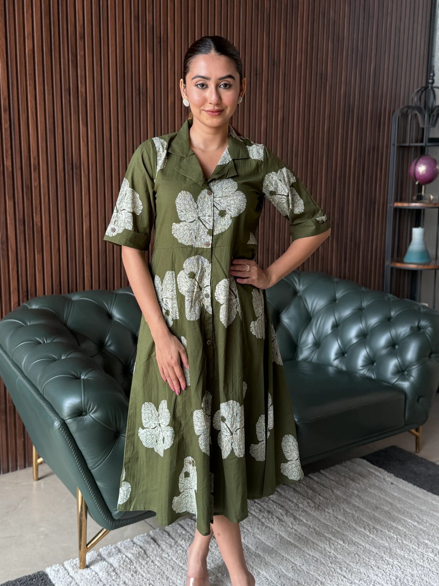 OLIVE FLORAL PRINTED MIDI DRESS