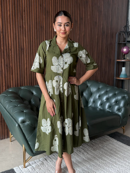 OLIVE FLORAL PRINTED MIDI DRESS