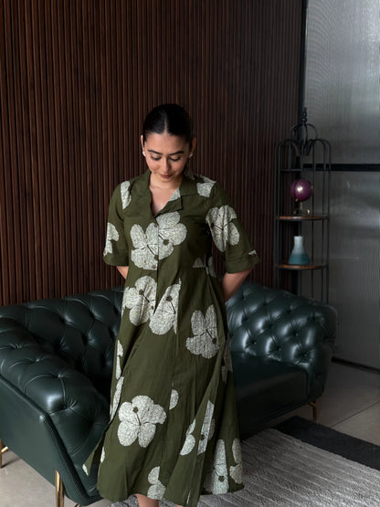 OLIVE FLORAL PRINTED MIDI DRESS