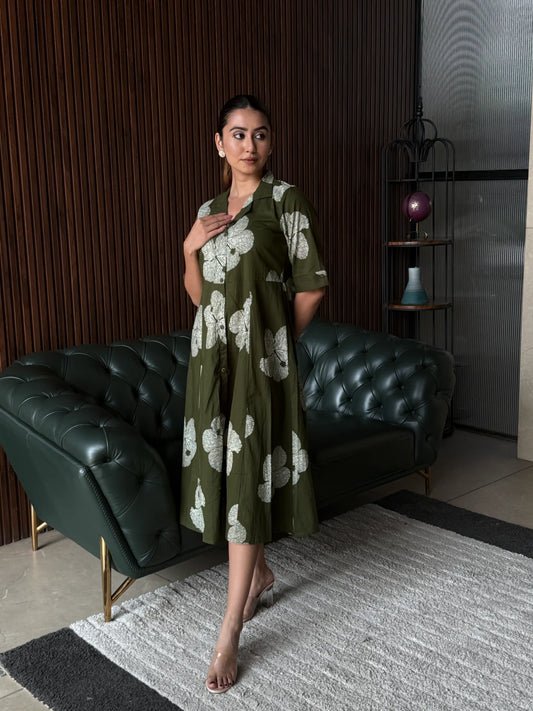 OLIVE FLORAL PRINTED MIDI DRESS