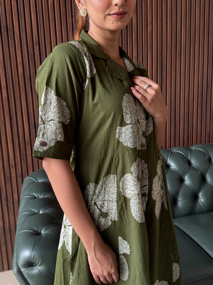 OLIVE FLORAL PRINTED MIDI DRESS