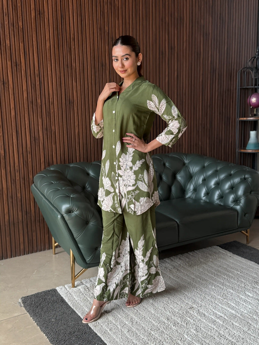 OLIVE FLORAL PRINTED COORD SET