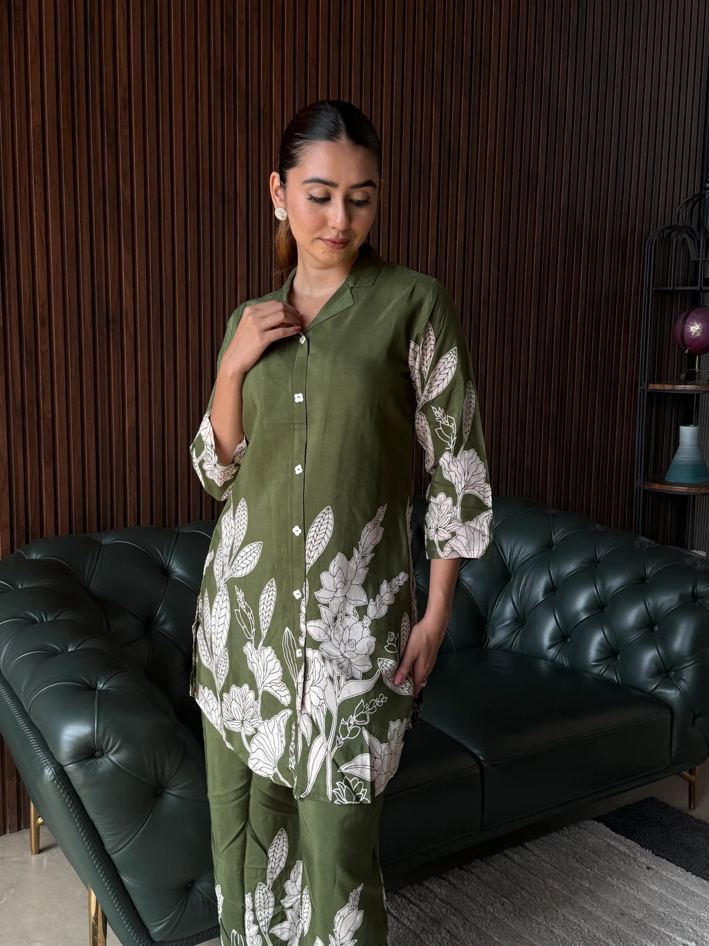 OLIVE FLORAL PRINTED COORD SET