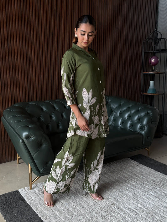 OLIVE FLORAL PRINTED COORD SET