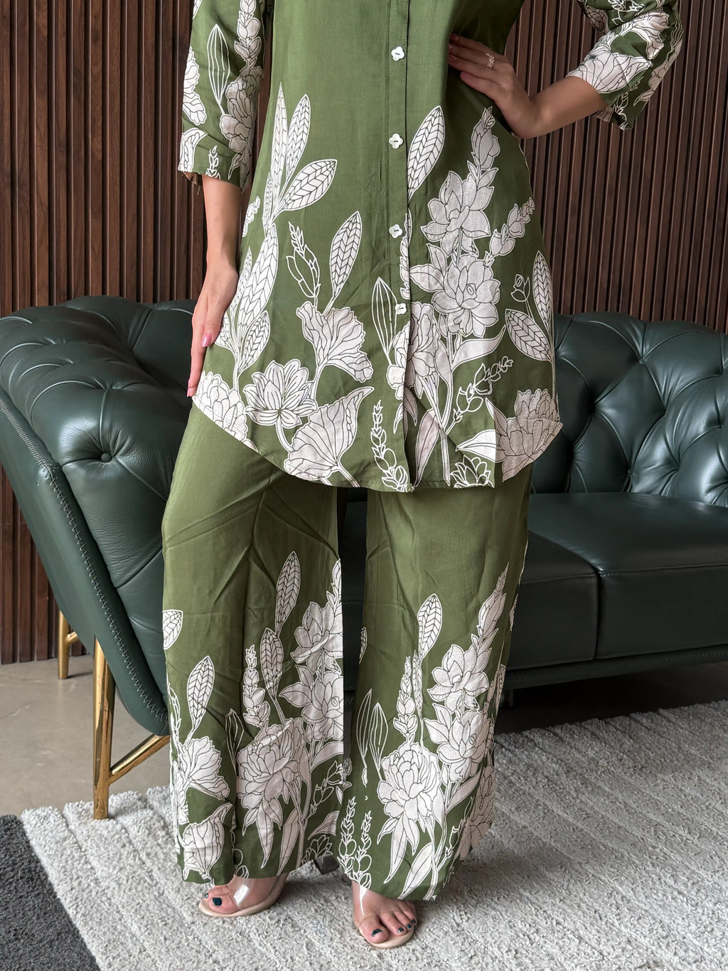 OLIVE FLORAL PRINTED COORD SET