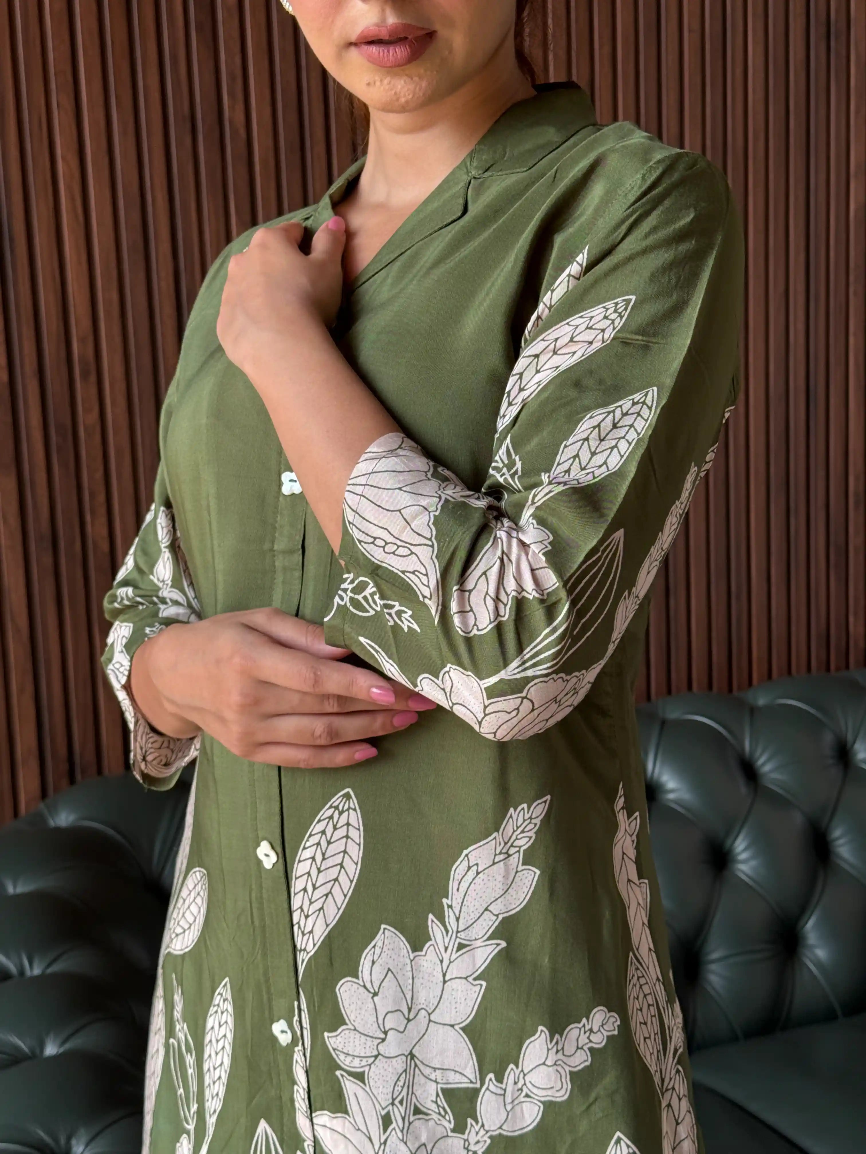 OLIVE FLORAL PRINTED COORD SET