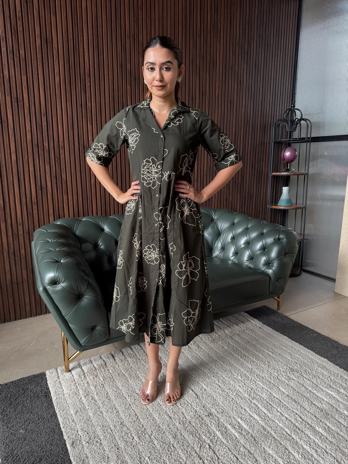 OLIVE FLORAL SHIRT DRESS