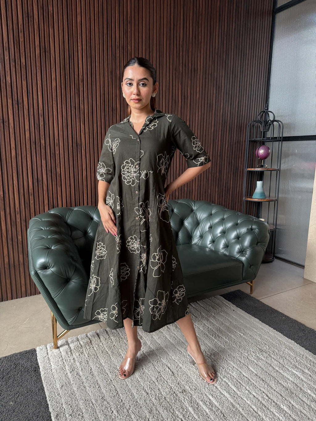 OLIVE FLORAL SHIRT DRESS