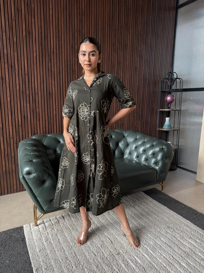 OLIVE FLORAL SHIRT DRESS