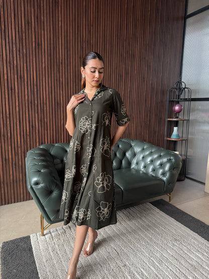 OLIVE FLORAL SHIRT DRESS