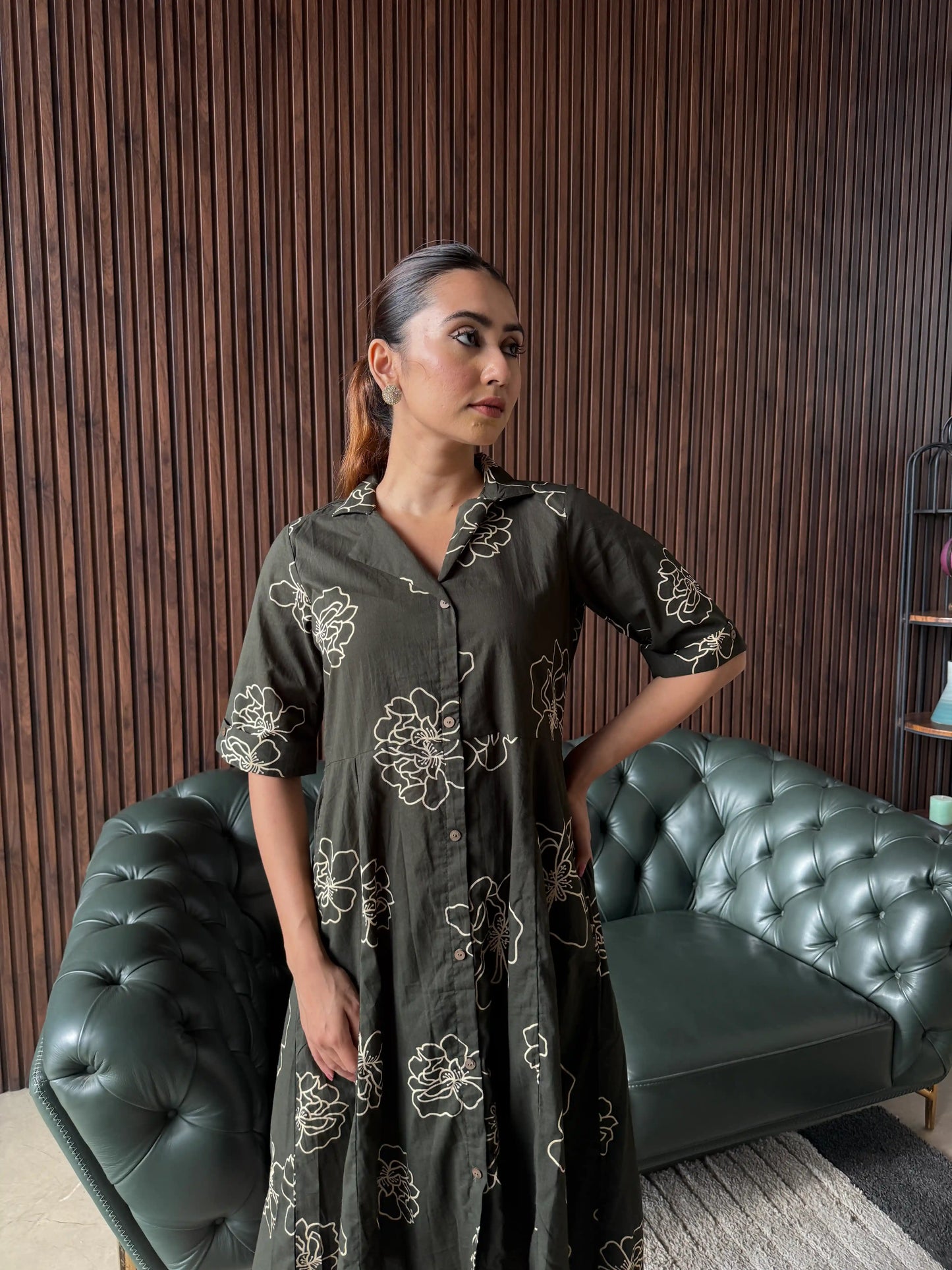 OLIVE FLORAL SHIRT DRESS