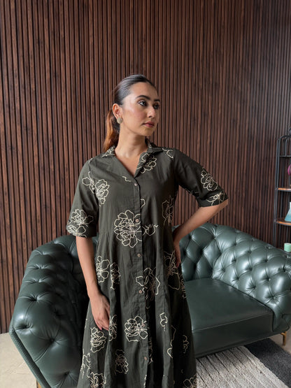 OLIVE FLORAL SHIRT DRESS