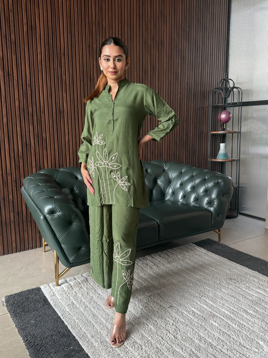OLIVE EMBROIDERED COORD SET